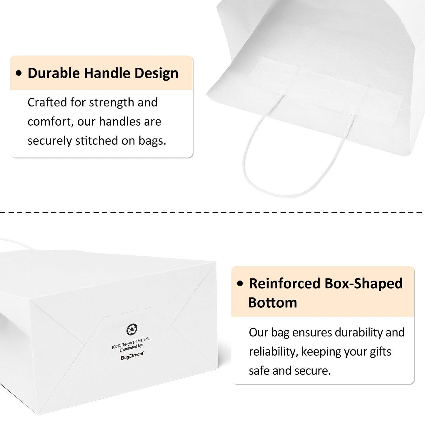 BagDream Gift Bags 10x5x13 100Pack White Kraft Paper Bags Large Size 100% Recyclable Gift Bag with Handles Shopping Merchandise Retail Wedding Party Favor Grocery Paper Lunch Bags Bulk