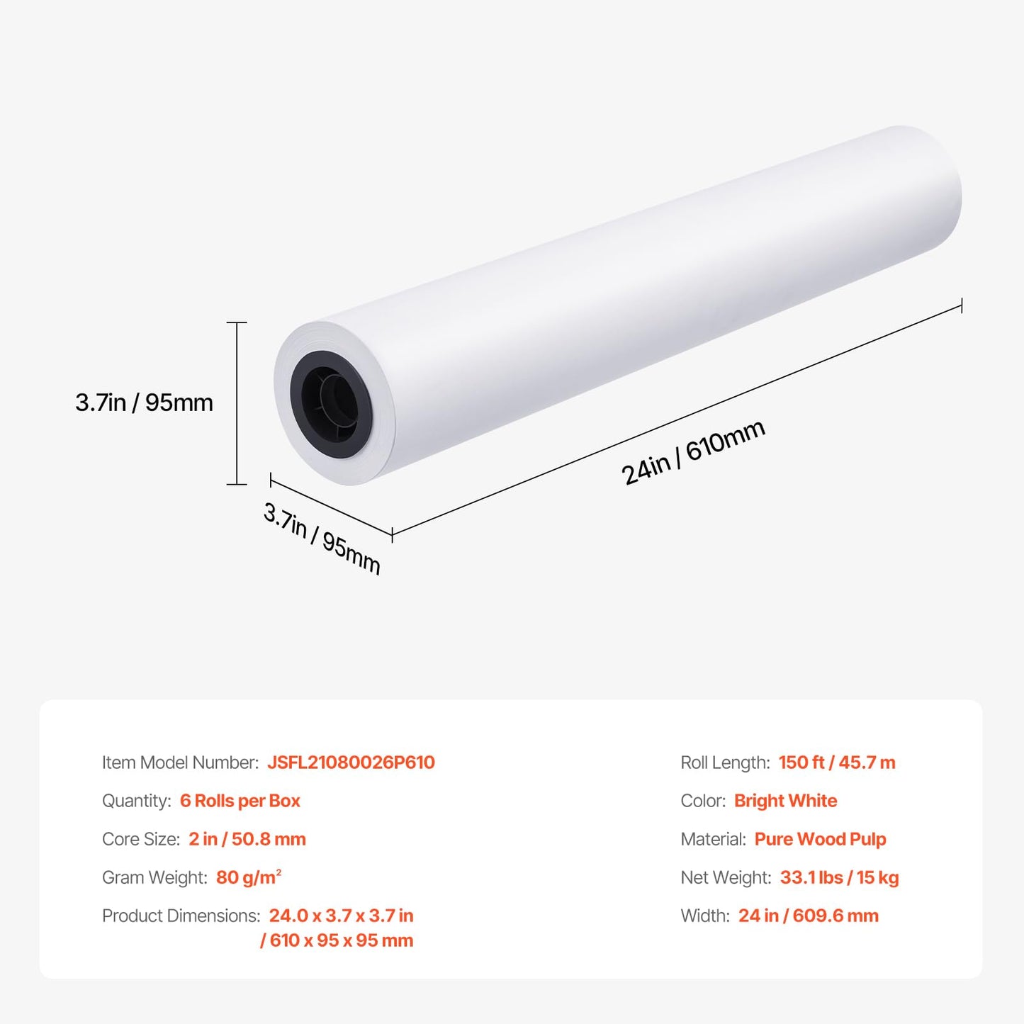 VEVOR Wide Format Paper, 24 in x 150 ft Plotter Paper, 4 Rolls CAD Bond Rolls with 2 in Core, 20 LB Bond Paper Rolls, Idea for CAD Drawings, Engineering Plans, GIS Maps & Architectural Designs