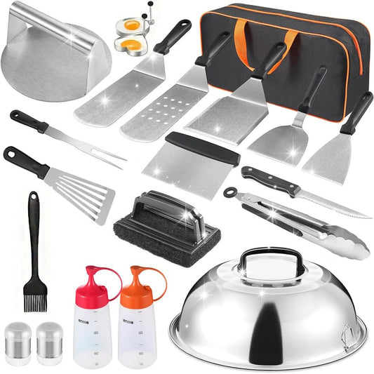 21Pcs Griddle Accessories Kit, Flat Top Grill for Blackstone and Camp Chef Metal Spatula Tools Set with Burger Press Scraper Basting Cover Grilling BBQ Cooking Kit, for Outdoor Grilling BBQ Cooking