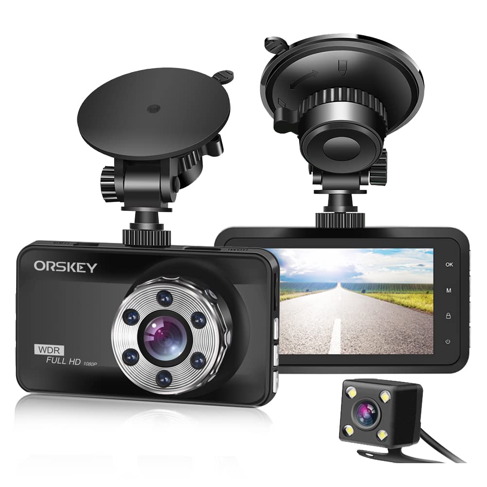 ORSKEY Dash Cam Front and Rear 1080P Full HD Dual Dash Camera in Car Camera Dashboard Camera Dashcam for Cars 170 Wide Angle HDR with 3.0" LCD Display Night Vision Motion Detection and G-Sensor