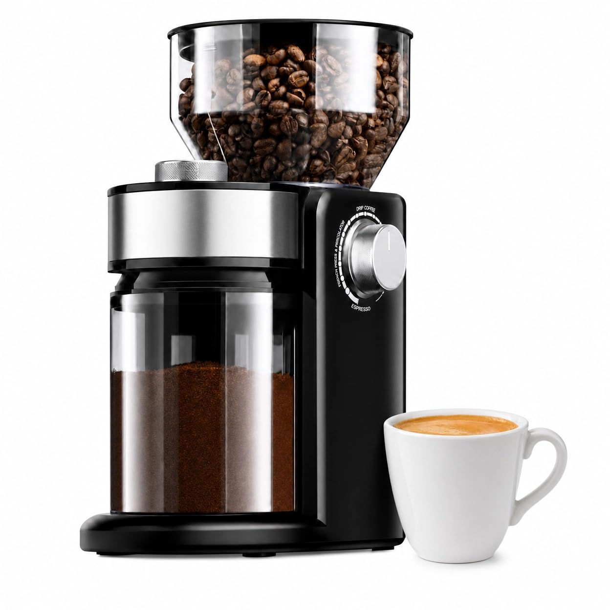 Electric Burr Coffee Grinder, Flat Burr & 16 Precise Grind Settings, Stainless Steel Bean Grinder for Espresso, French Press & Drip, Portion Control, Easy Clean, 2-14 Cup
