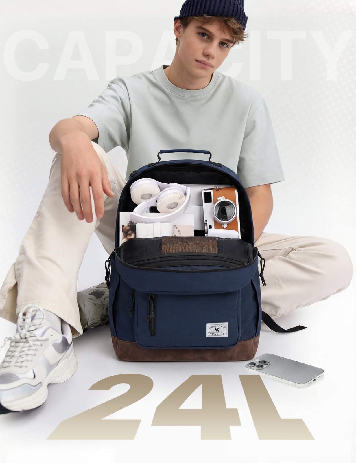 School Backpack for Men Women,VONXURY Classic 17inch Book Bag for Teens College Water-Resistant Lightweight Schoolbag for Work Travel
