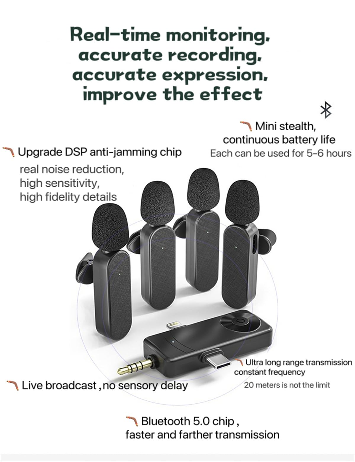 Jijikomore 3 in 1/Four in one Wireless Lavalier Microphone for iPhone,iPad,Android,Camera,Computer,mini Noise Reduction Recording Mic Ultra-Low Delay,for Vlog/TikTok/YouTube Live Stream (4 Mic)