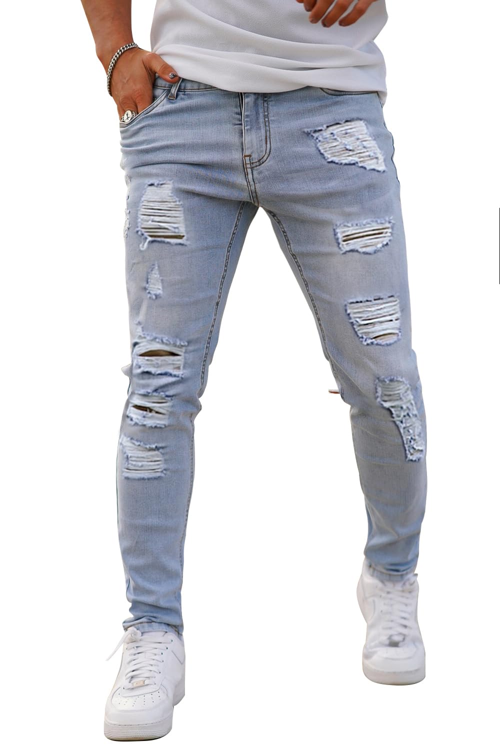 GINGTTO Men's Skinny Jeans Stretch Ripped Tapered Leg, Light Blue Ripped, 30W x 30L