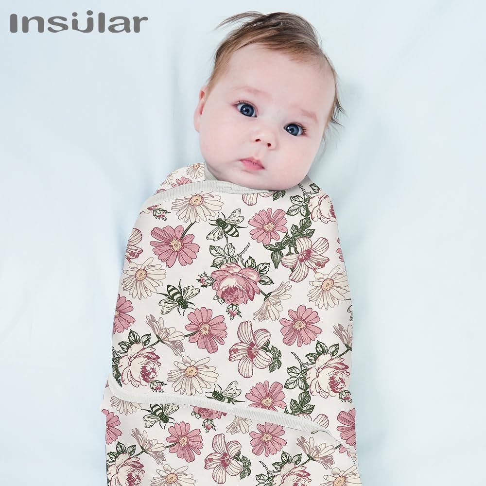 Insular Baby Swaddle Wrap, Swaddle Blanket for Newborn and Infant, Adjustable Swaddle Set for Boy and Girl, Soft Cotton Baby Sleep Sack 3 Pack, Small(0-3 M), Floral