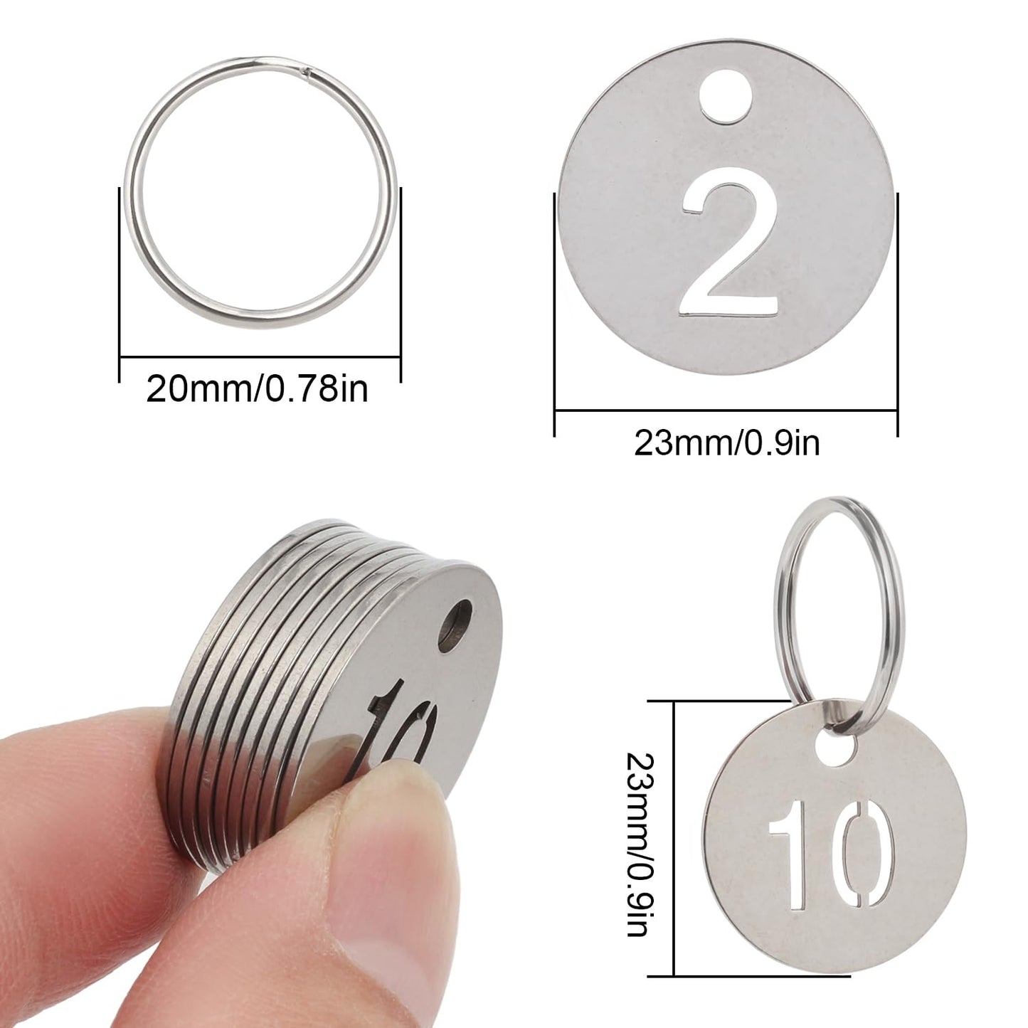 NumRealm Number Labels with Rings, Stainless Steel Numbered Key Tags, Metal Number Tags, Keychain Labels - 1 to 100