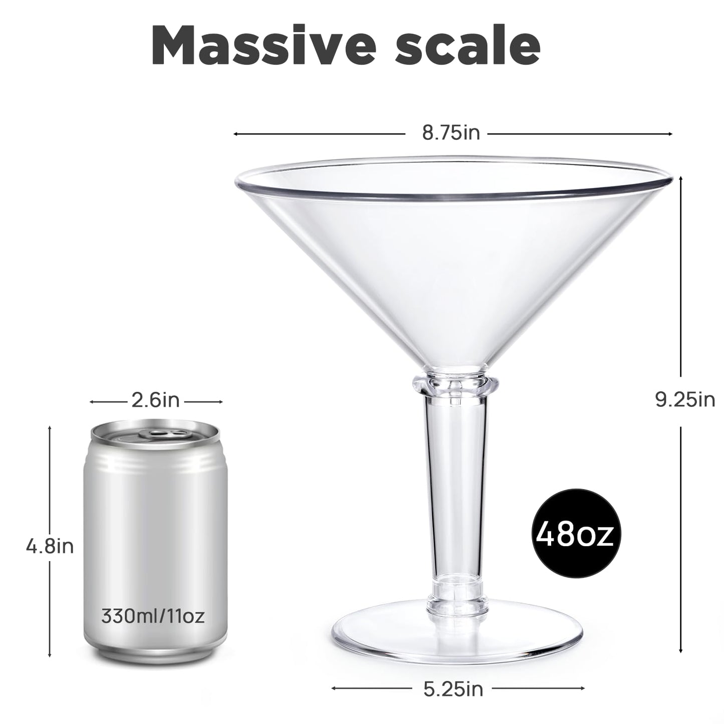 Unbreakable Giant Martini Glasses set of 4, 48 oz Plastic Cocktail Glasses, Jumbo, Reusable, BPA Free, Detachable, Perfect for Picnic, Beach & Patio Party, Appetizers, Birthday, Wedding and All Events