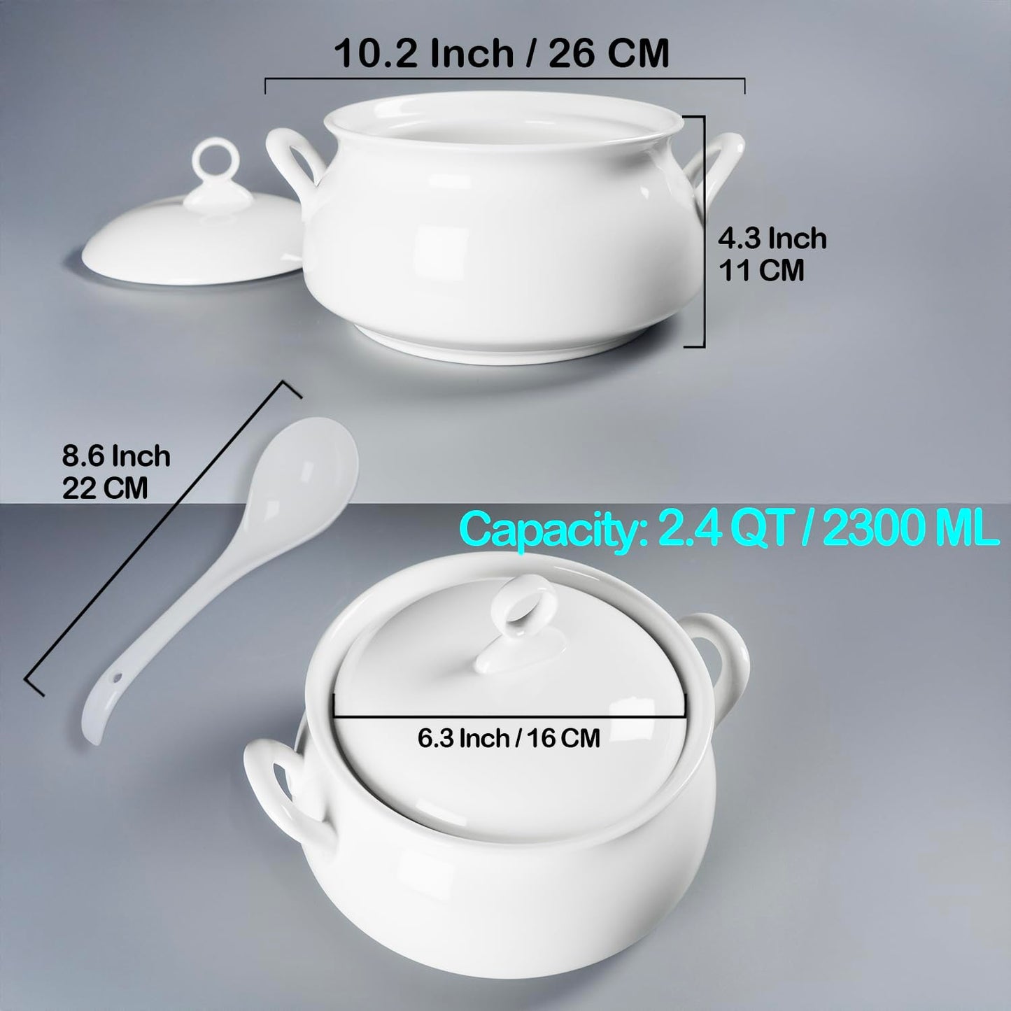 dingdaer Ceramic Serving Soup Tureen Bowls with Lid and soup spoon, 2.4 QT White French Serving Tureen, Lovely Soup Pot for Casserole dish Salad Pasta Noodles Stew, Microwave Dishwasher Safe