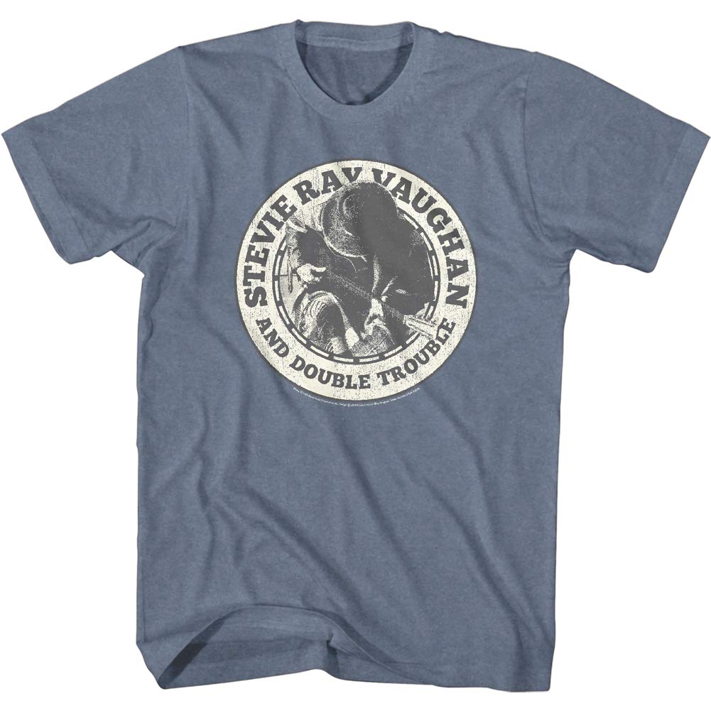American Classics Stevie Ray Vaughan Guitarist and Double Trouble Stevie Playing Guitar Adult Tee Blue