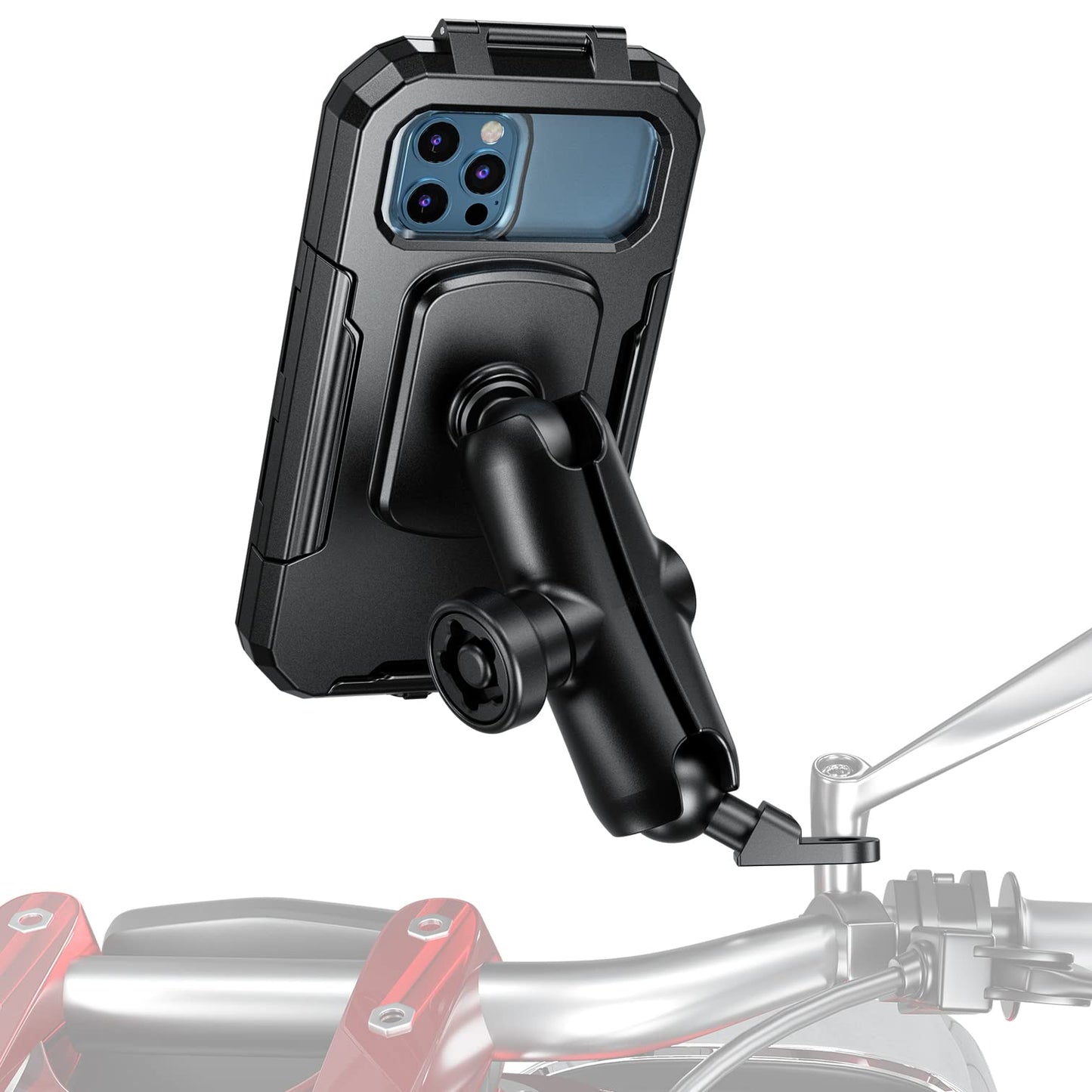 iMESTOU Waterproof Motorcycle Phone Mount Bike 1" Ball Cellphone Holder for Rear-View Mirror Installtion with Anti-Theft Double Socket Arm 720° Rotation for 5.5"-6.8" Smartphones (Size L)