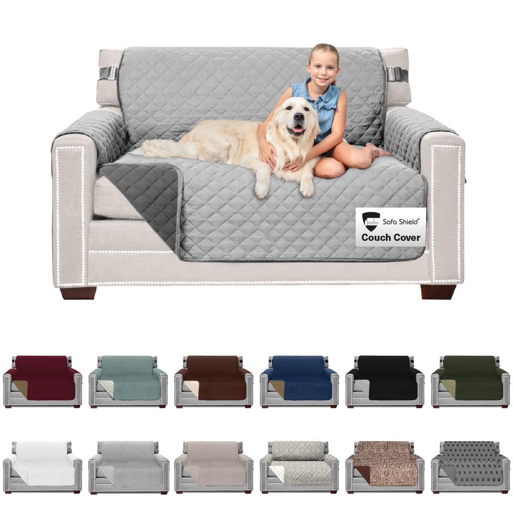 Sofa Shield Couch Cover for Dog and Pets, Couvre Protector for Sofas, Reversible Stain Resistant Housse Canapé, Quilted Microfiber 137 cm 2 Seat, Loveseat Patented Slipcover with Strap, Gray Charcoal