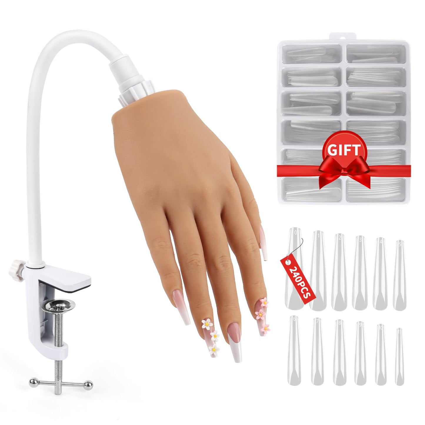 Silicone Practice Hand for Acrylic Nails,Flexible Bendable Nail Training Practice Hand,Life Size Soft Nail Mannequin Hand for Nails Practice Nail Tools Kit with 100pcs Practice Nail Tips,Clipper,File