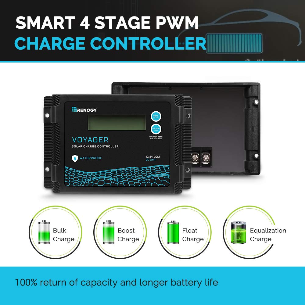 Renogy Voyager 20A 12V/24V PWM Waterproof Solar Charge Controller w/LCD Display for AGM, Gel, Flooded and Lithium Battery, Used in RVs, Trailers, Boats, Yachts, Voyager 20A