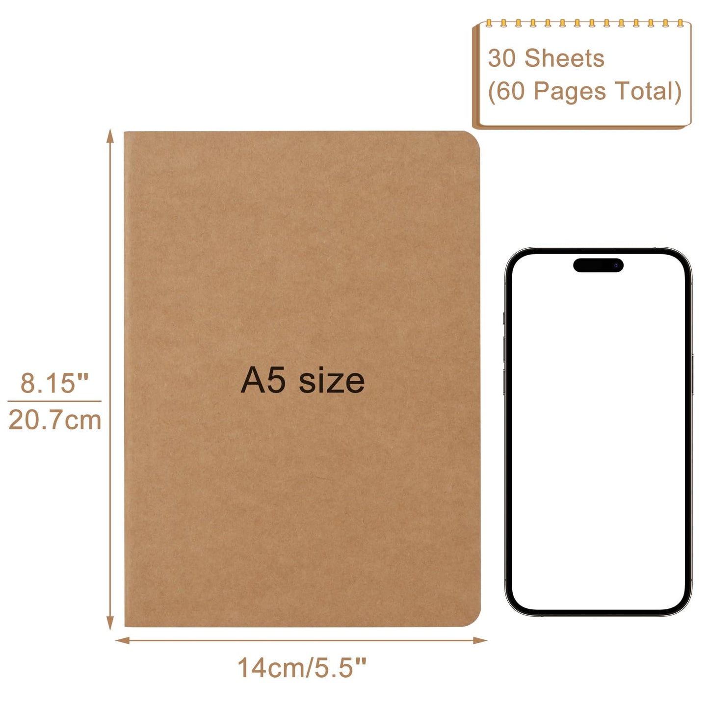 ZCZN 36 Pack A5 Lined Notebook, Jounural Kraft Notebooks 60 Pages(30 Sheets), 8.15 * 5.5 Inches Notebooks Bulk, Diary, Subject, Memo Notebbos for Work, School, Office