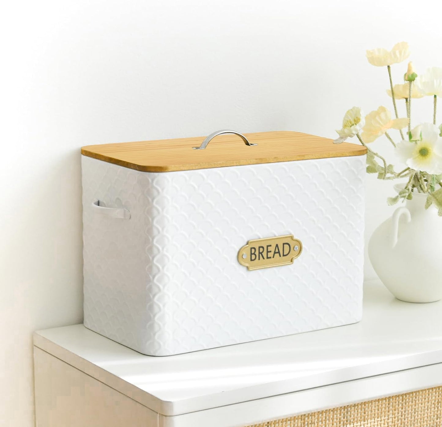 EMAX HOME Extra Large Space Saving Farmhouse Bread Box With Wood Lid - Holds 2 Loaves - Vertical Breadbox Bread Storage Bin Holder for Kitchen Countertop, White