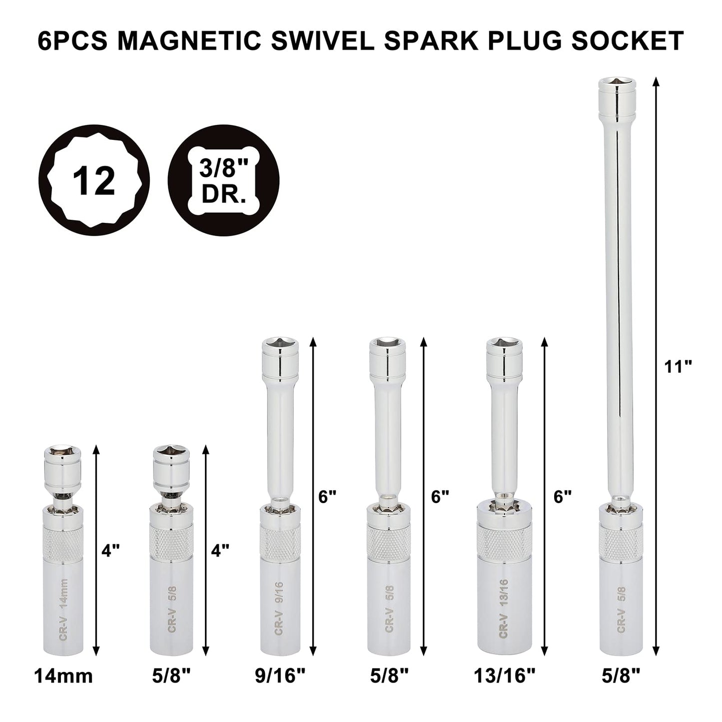 Mayouko 6PCS 3/8" Drive Thin Wall Magnetic Swivel Spark Plug Socket, 12 Point, 1MM Thin Wall, 14MM, 9/16", 5/8", 13/16"