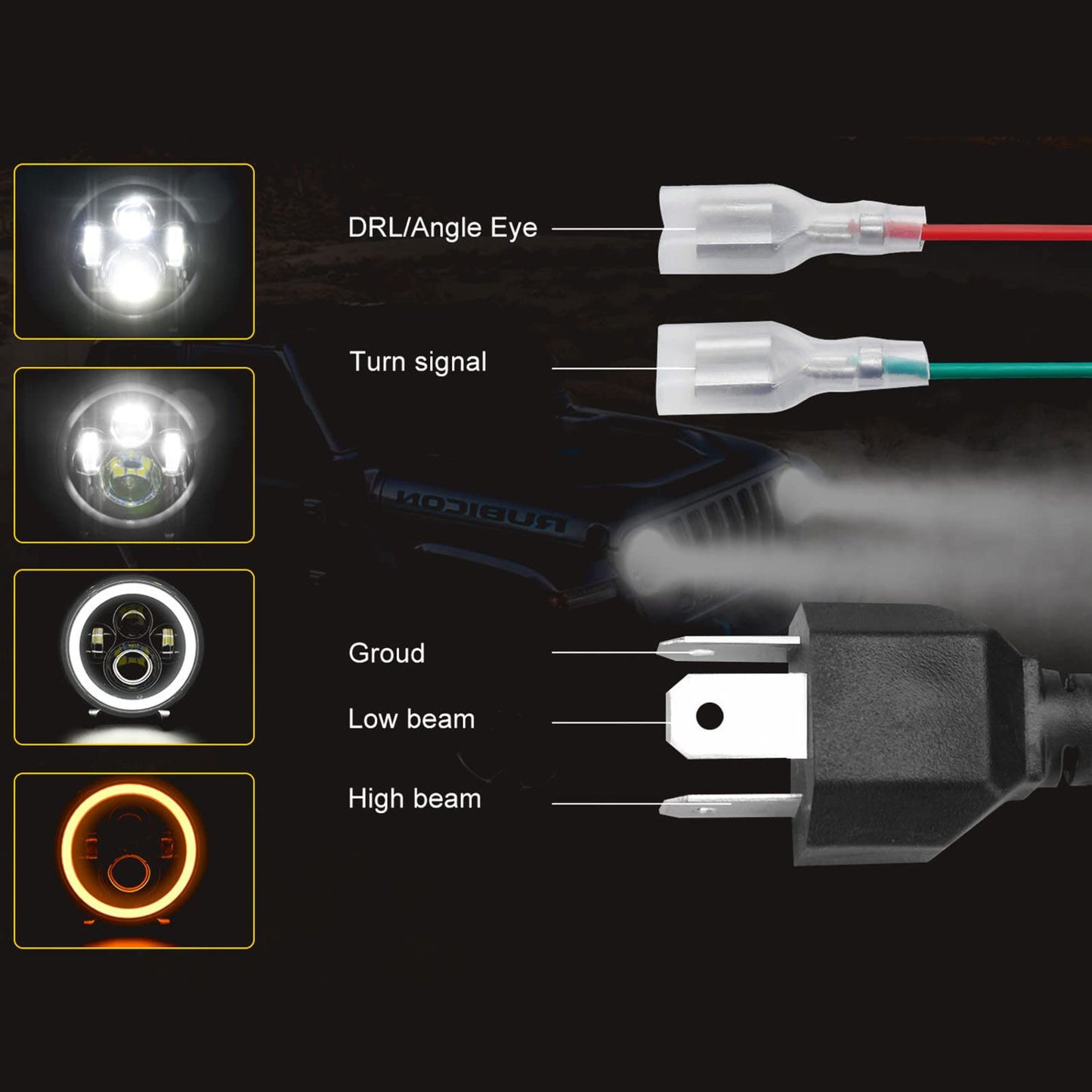 Shkalacar 7inch LED Headlight H4 140W Angel Eyes Round Headlights 4 Modes 14000LM 6000K White/3000K Amber Car Motorcycle Headlight Auto Ring Lights IP67 Waterproof 2pcs