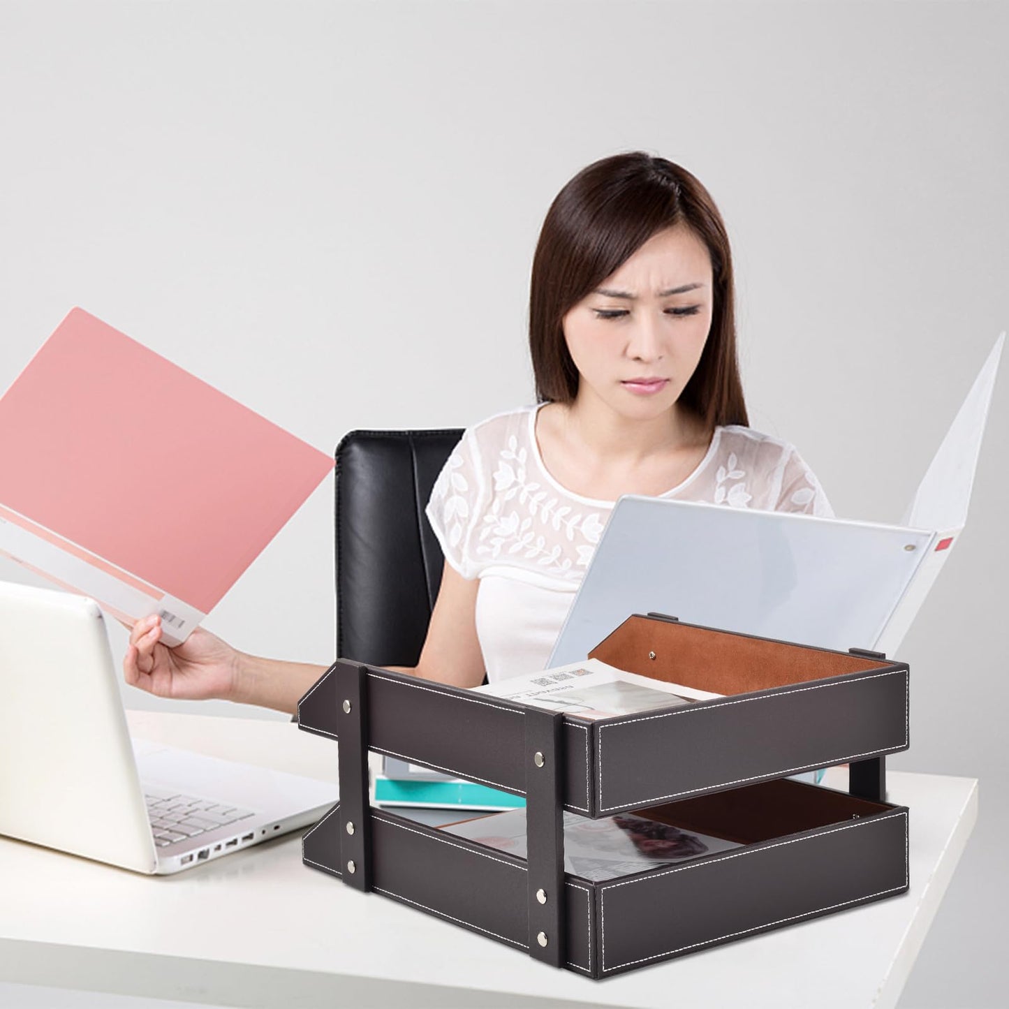 Leather Desk File Supply Organizer,Stackable Office File Document Tray for Files, Folder, Stationery, Magazine, Newspaper, Mail, Home Sundries Desktop Organization Holder,Coffee