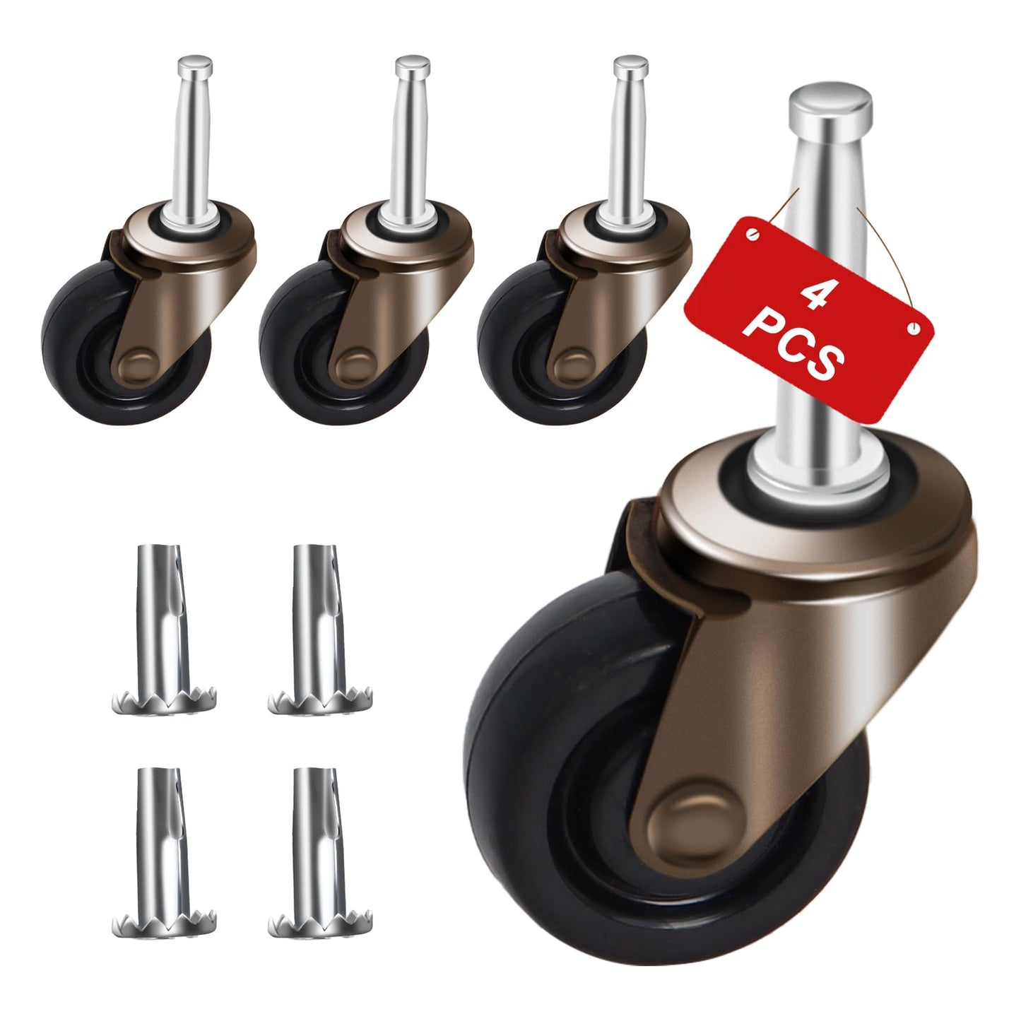 Stem Caster Wheels Heavy Duty, Set of 4 Swivel & Ball Roulettes Pour Meubles, Quiet Rolling Antique Brass Caster Wheels for Furniture Chairs, No Scratch Floors