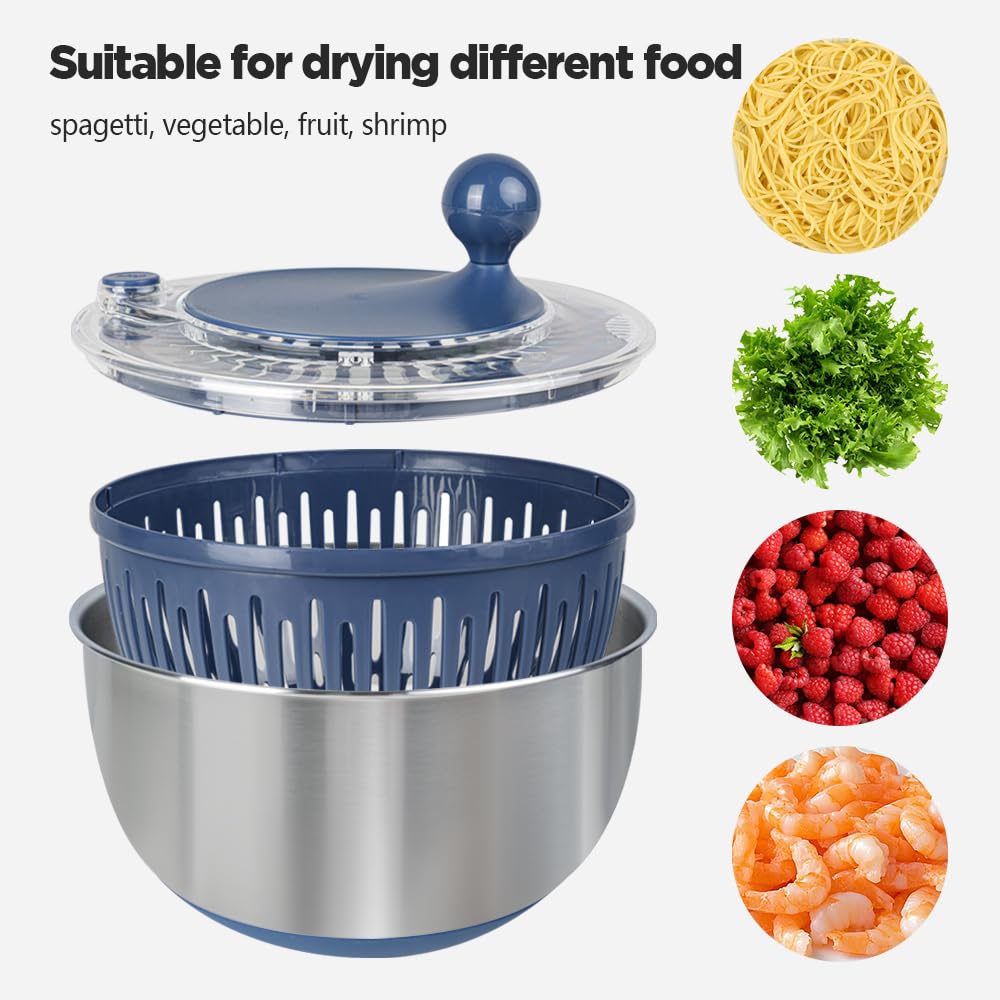 Shatomo Stainless Steel Salad Spinner, 5L Lettuce Spinner with Non-Slip Base, Drain and Stop Button, Fruit and Vegetable Washer and Dryer Spinner