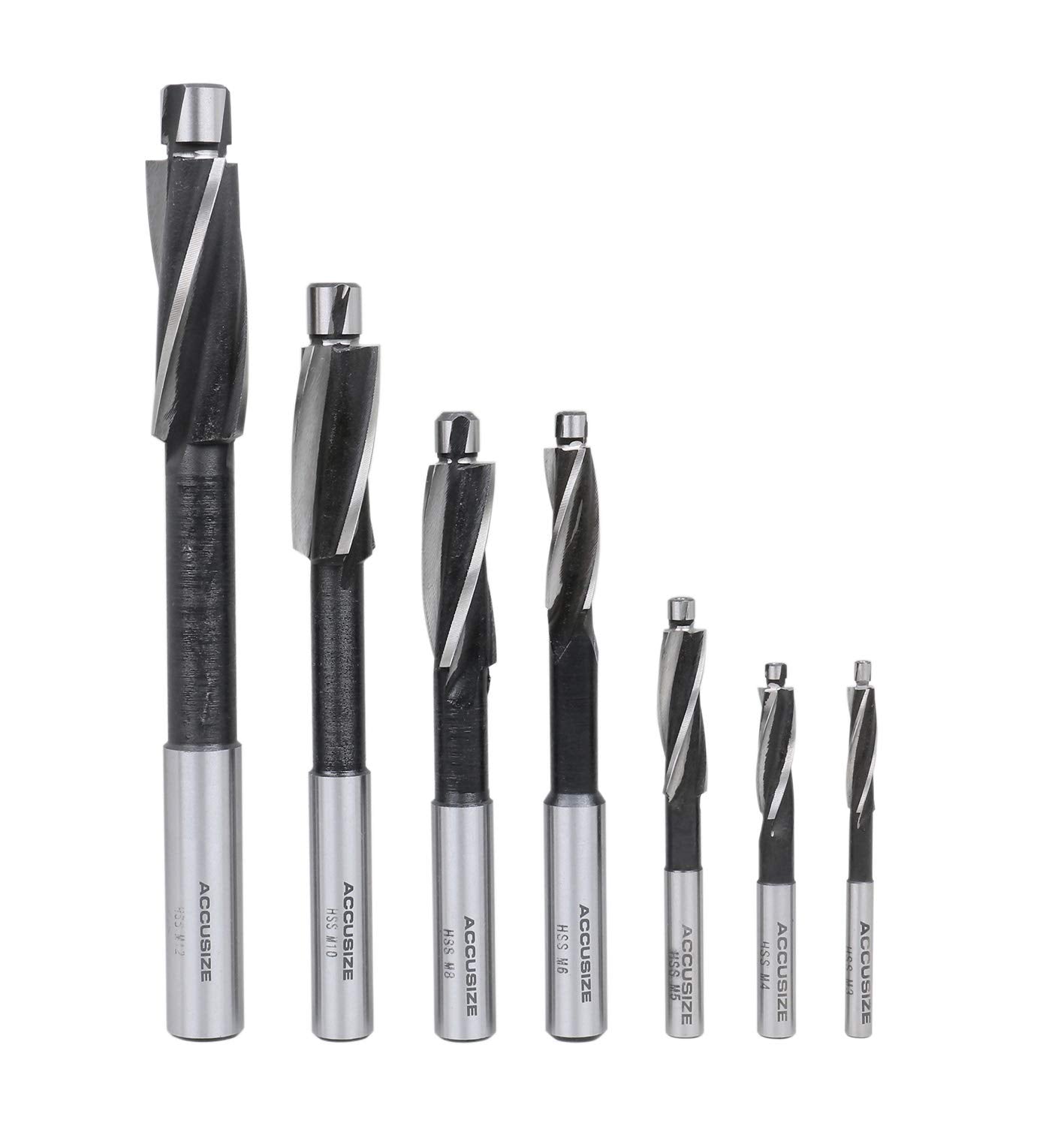 Accusize Industrial Tools 7 Pc Metric H.S.S. Solid Capscrew Counterbore Set, 3 Flute, Straight Shank, 508S-007M