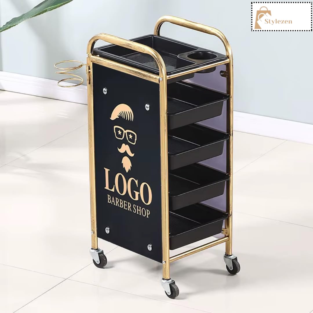 Stylezen 5-Layer Hairdressing Trolley – Rolling Salon Cart with Metal Frame, Easy-Glide Wheels & Storage Trays for Hair Tools & Supplies, Black & Gold Organizer for Salons, Barbershops & Home Use