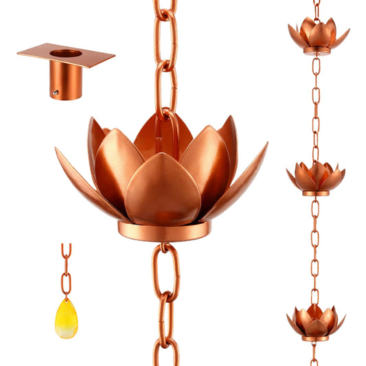 Oak Leaf Rain Chain with Adapter, 8.5ft Adjustable Lotus Rain Catcher Chain for Gutters Outside Downspout, for Divert Water and Home Display, Copper Powder Coated