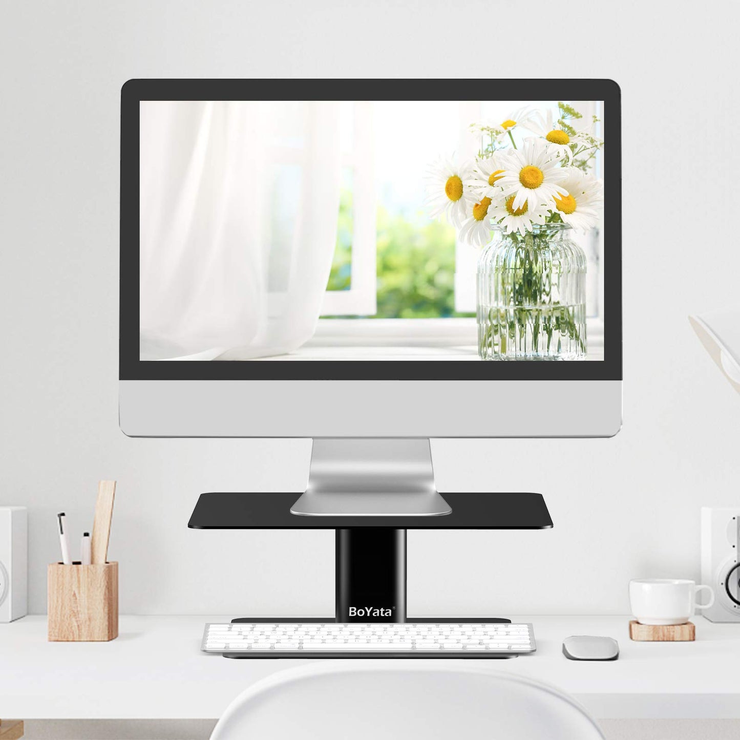 BoYata Monitor Stand, Adjustable Monitor Riser Metal Computer Stand Compatible with TV, PC, Laptop, Computer, iMac, and All Screen Display (Black)