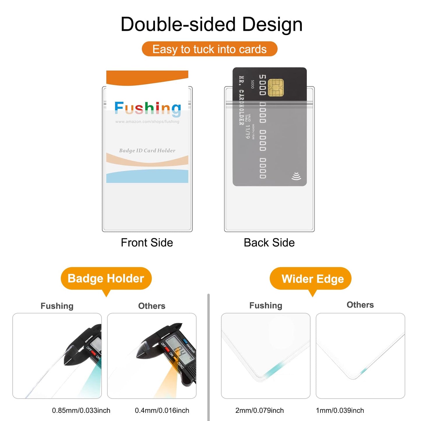 Fushing 50Pcs Extra Thick ID Badge Holders, Exclusive Double-Deck Clear Plastic Vertical Name Tag Badge ID Card Holders, Single Layer Thickness 0.4mm Thicker 60% Than Standard 0.25mm