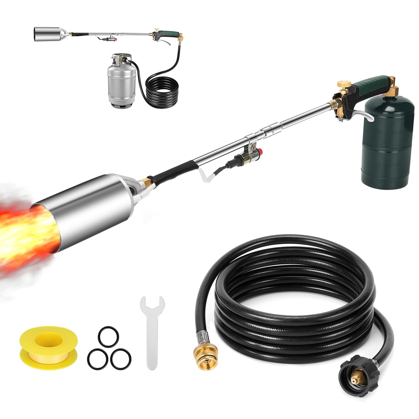 Propane Weed Torch, WADEO Weed Burner Torch Kit with 10 FT Hose Regulator, Weed Torch with 1,200,000 BTU, Self Igniting and 1lb Propane Cylinder Converter for Flame Weeding, Roofing, Melting Ice Snow