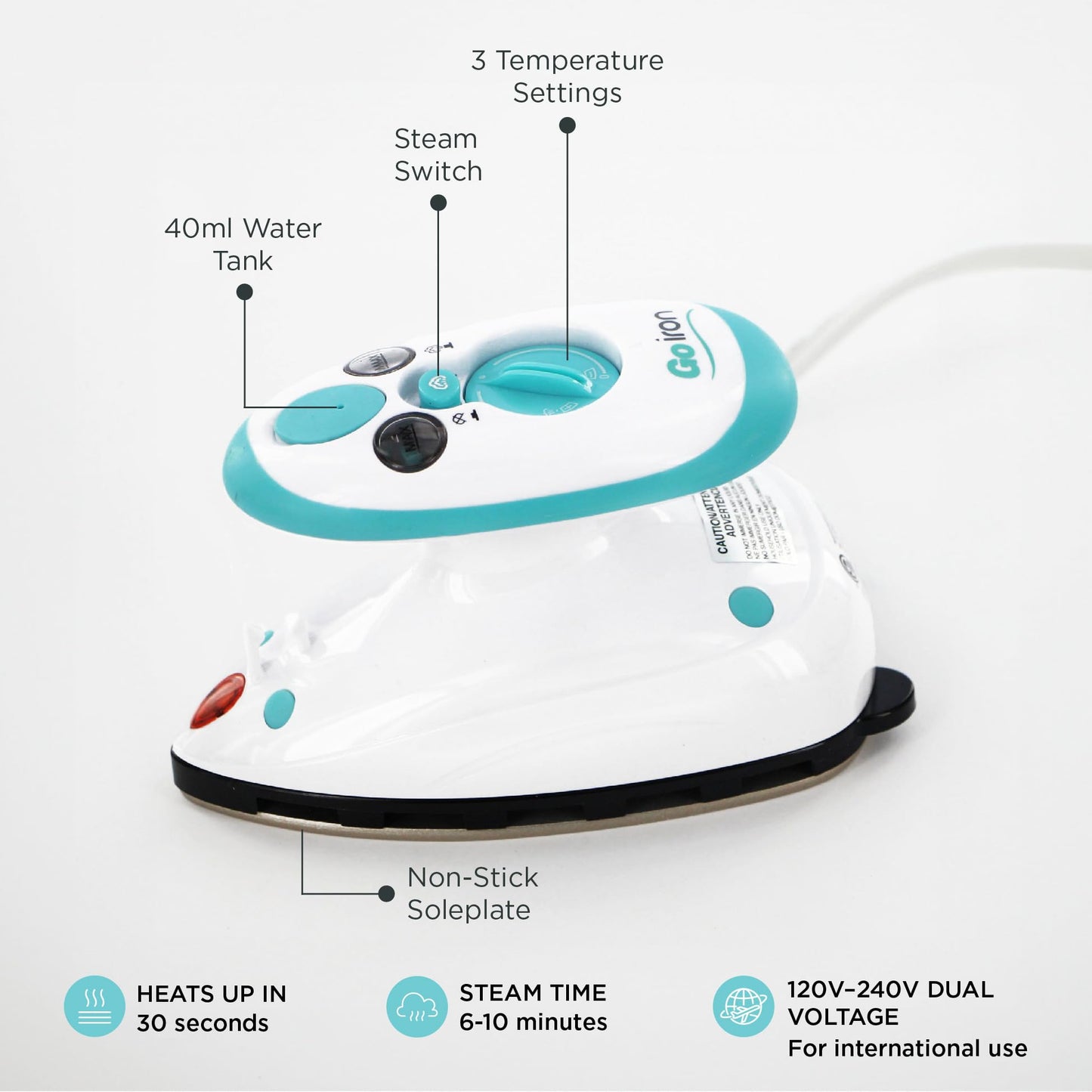 GoIron Portable Mini Steam Iron for Home, Travel, Crafting, Sewing and, Quilting. Dual voltage 120V/220V Compact Steam Iron with a non-stick soleplate