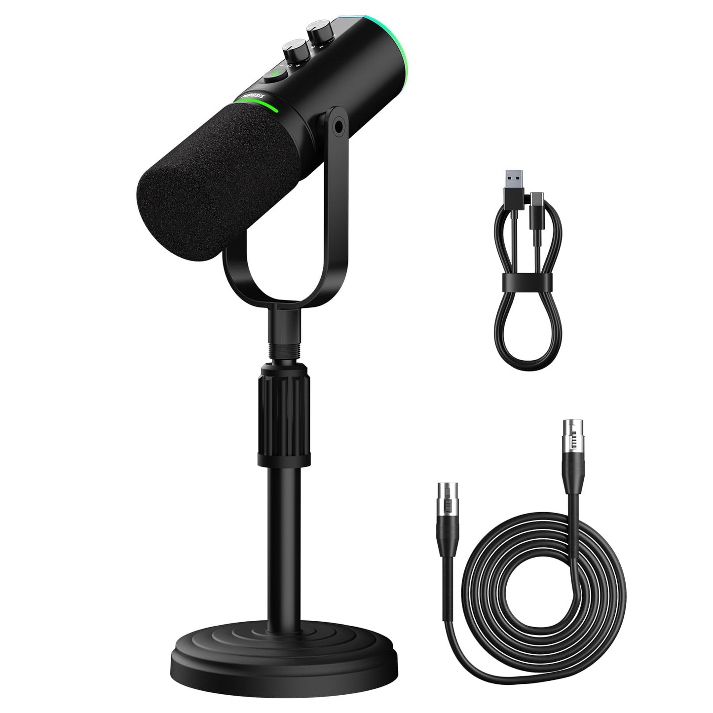PUPGSIS USB/XLR Dynamic Microphone, 24Bit/96kHz Studio Recording, Gaming Mic with RGB, Mute, Noise Cancellation & Headphone Jack for PC, Podcast, Streaming, Singing (Black)