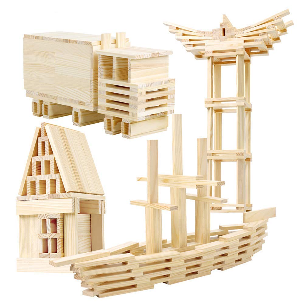 200 Pieces Wooden Construction Building Blocks Set for Kids-Building Planks Set for Boys and Girls