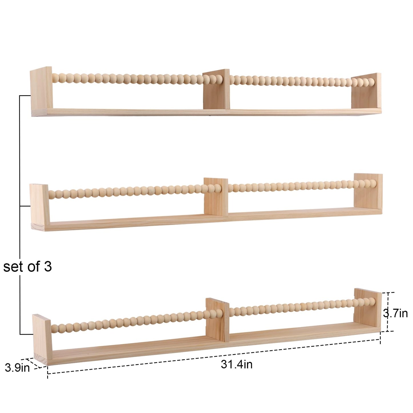 birola Nursery Book Shelves for Kids Rooms - 32 Inches Floating Wall Bookshelves Set of 3, Space-Saving Nursery Shelves with Beads Design for Kids Room, Bedroom and Study Room(Natural)