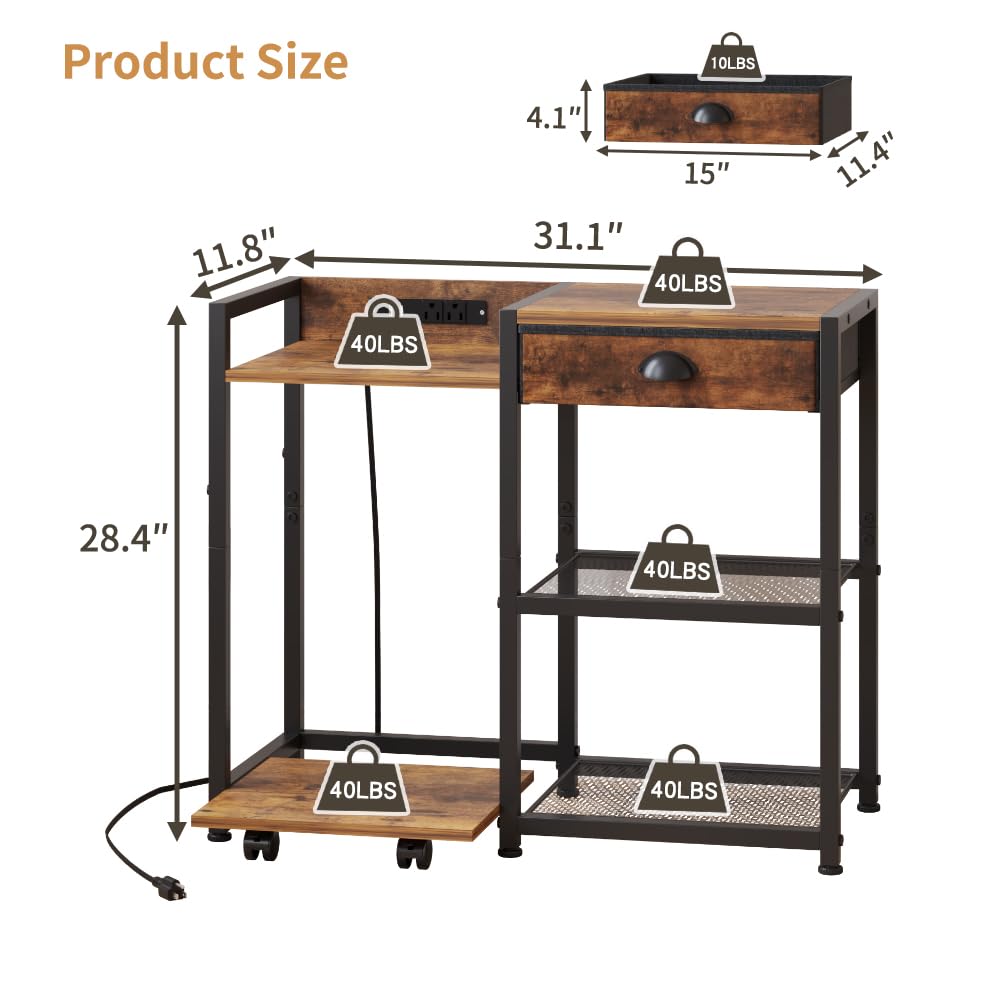 Furist Printer Stand with Storage, Mobile Printer Table with Charging Station and USB Port for Home Office, Desktop Shredder Shelf with Wheels, Rolling Cart with Drawers, Computer Tower Stand