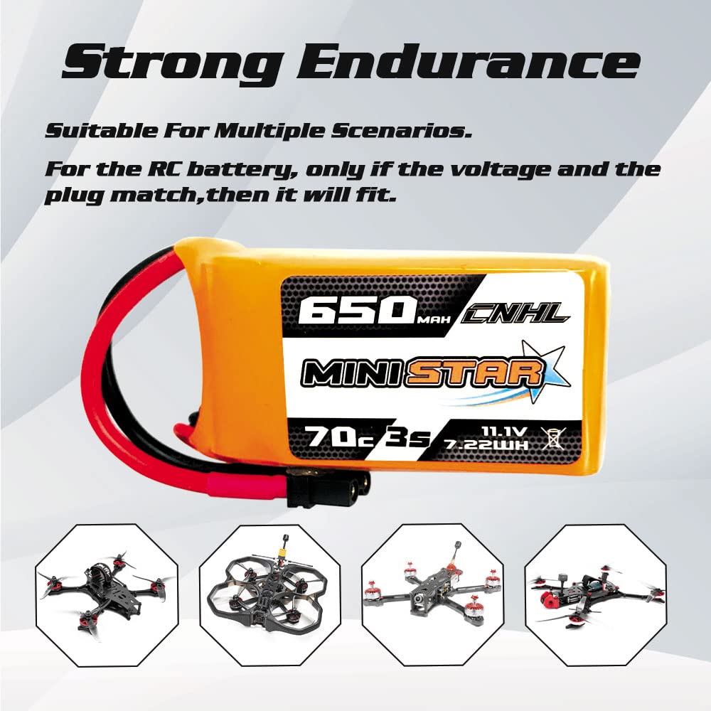 CNHL 3s Lipo Battery 650mAh 70C 11.1v with XT30 Plug for MultiRotor FPV Torrent 110 Lizard 95 Quad Quadcoper Micro RC Drone Racing Hobby (2 Packs)