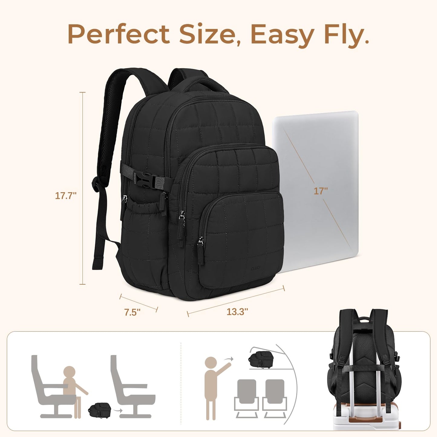 CLUCI 17.3 Inch Laptop Backpack for Women Anti Theft Travel Puffer Quilted Backpack Water Resistant College bag with RFID (Black)