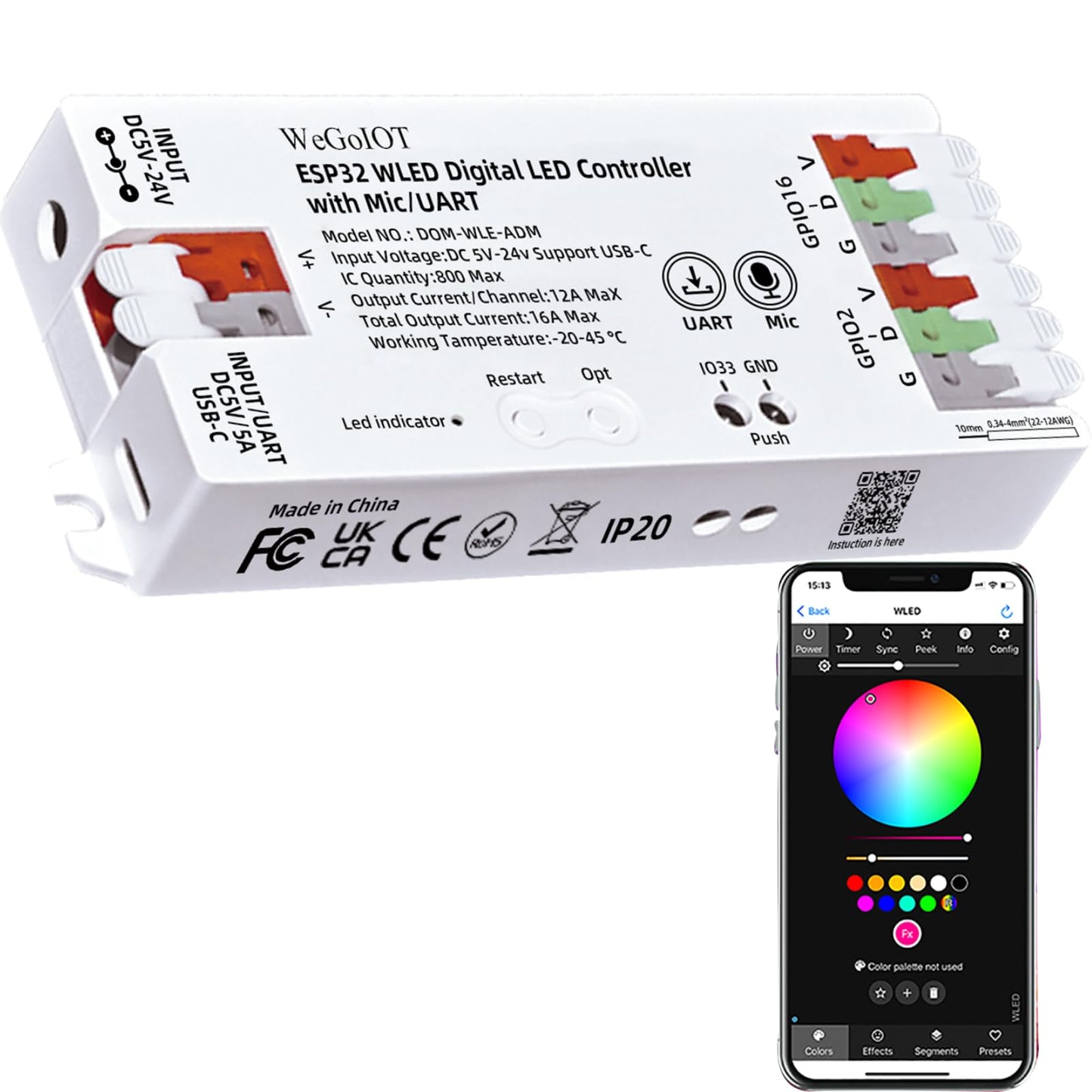 WeGoIOT ESP32 WLED LED Strip Controller Mic UART USB Type-C Download Music Sound Dynamic Mode DIY WiFi APP Control for SM 16703P WS2811 WS2812B SK6812 FL19038 WS2805 IC FCOB Addressable Strip Light