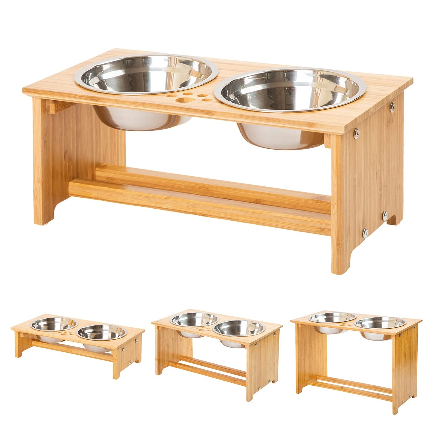 FOREYY Raised Pet Bowls for Cats and Small Dogs, Bamboo Elevated Dog Cat Food and Water Bowls Stand Feeder with 2 Stainless Steel Bowls and Anti Slip Feet (M(7''Tall-30 oz Bowl))