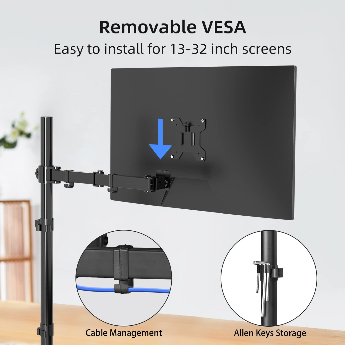 suptek Single LED LCD Monitor Stand up Desk Mount for 1 / One Screen up to 27 inch Extra Tall 31.5 inch Pole Heavy Duty Fully Adjustable Stand (MD6821)