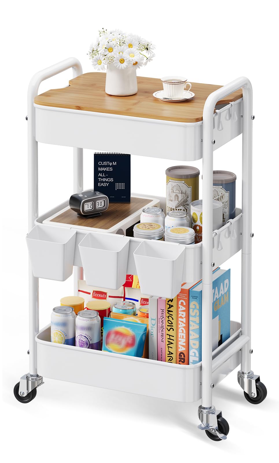 3 Tier Rolling Cart with Wood Table Top, White Bedside Cart on Lockable Wheels, Metal Utility Storage Organizer Carts for Kitchen, Art, Craft, Nail, Salon, Lash, Nursery, Bathroom, Baby Diaper Caddy