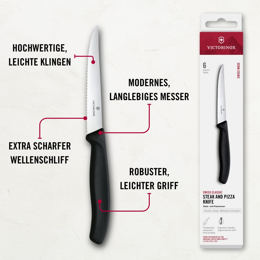 Victorinox Swiss Classic Steak Knife Set Ideal for Slicing a Wide Variety of Steak Cuts Serrated Blade in Black, Set of 6
