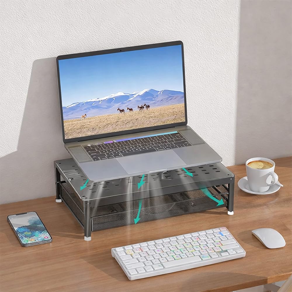 Computer Monitor Stand Riser, 2-Tier Metal Desk Organizer with Drawer & 2 Pen Holders Storage for Desktop, Laptop Stand, Office Desk Accessories for Home Office Supplies (Black 2)