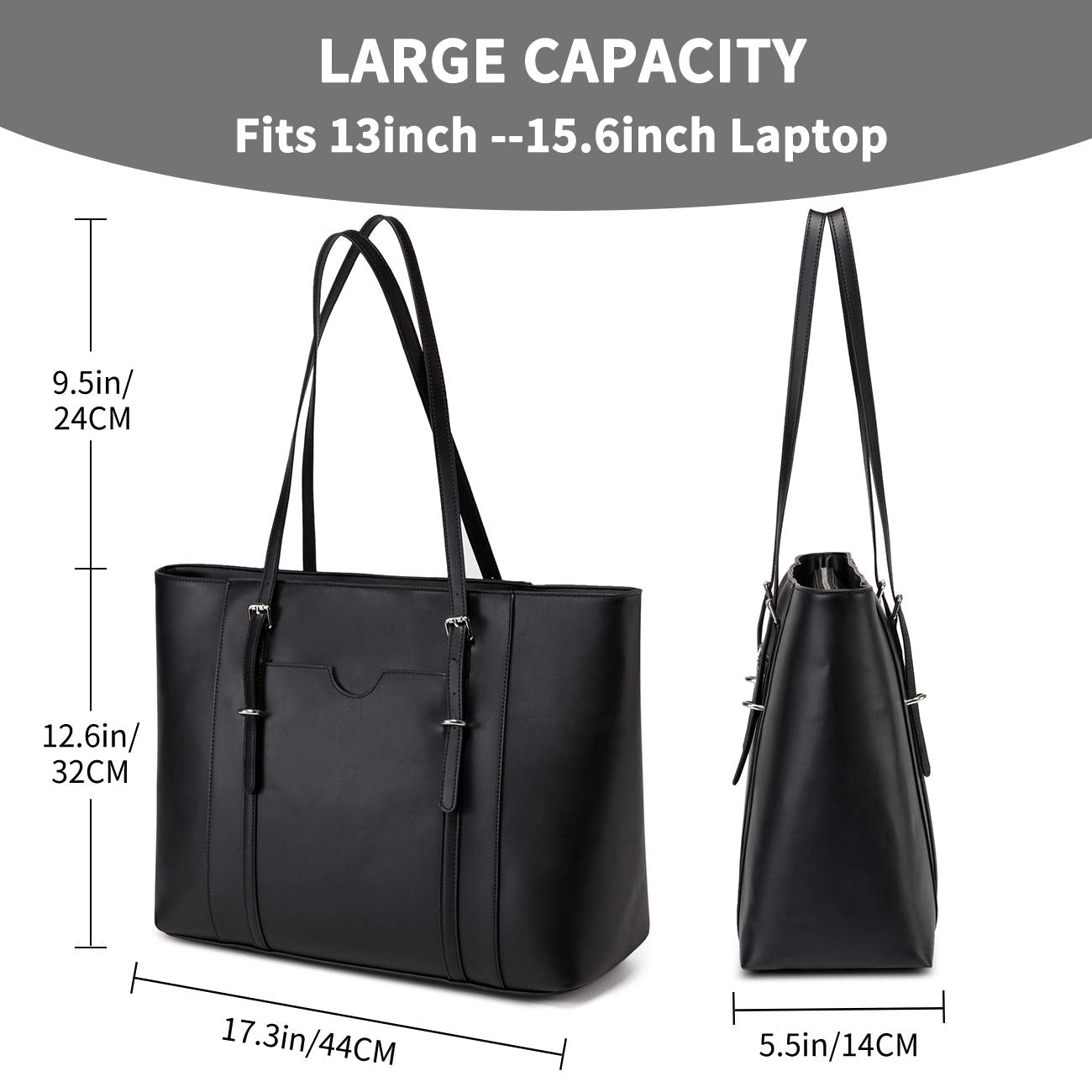 Laptop Tote Bag for Women, VASCHY PU Leather Water Resistant 15.6 inch Satchel, Large Teacher Shoulder Bag for Travel, Work Black