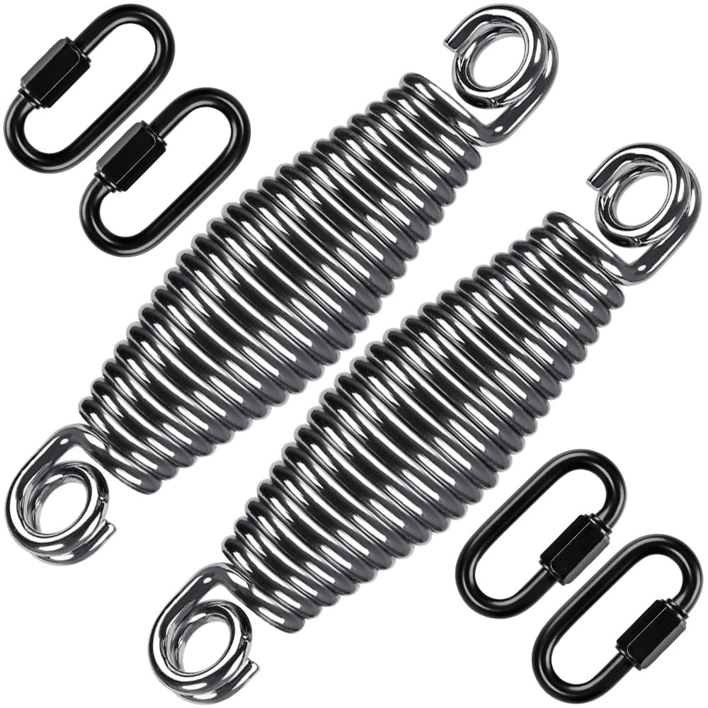 SELEWARE Heavy Duty Swing Springs for Hammock Chair, Porch Swing, Hammock Stands Mount, Innovative Conical Shape & Double Closed Ring Design Up to 400 lbs, w/Locking Carabiners (Silver A -2 Pack)