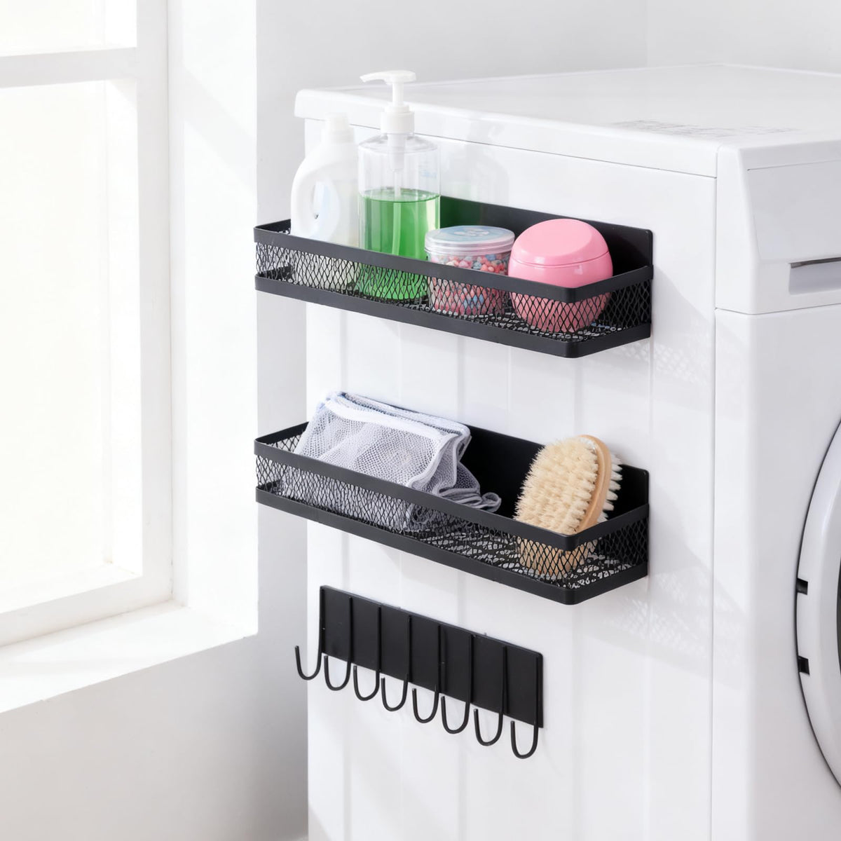 Dewsea Magnetic Shelves for Washing Machine 5 Pack, Multipurpose Metal Storage Baskets with Space-Saving Design, Magnetic Spice Rack & Laundry Organizer for Kitchen, Bathroom & Laundry Room (Black)