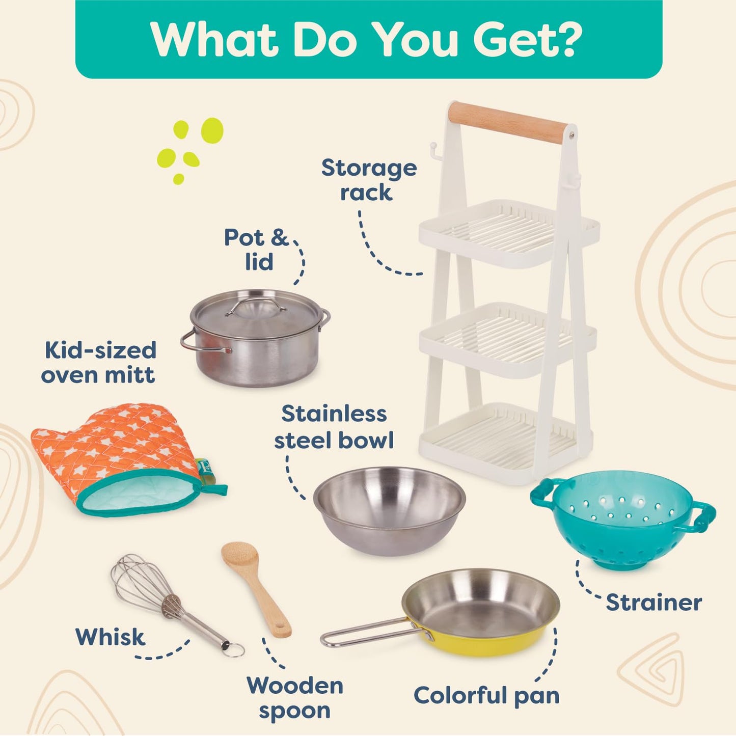 B. Toys – Mini Chef Pot & Pan Playset – Pretend Play Kitchen Accessories – Includes Pot, Pan & Role – Play Cookware – Cooking Toys for Kids – Pretend Play Set – 3+ Years (9 Pieces)