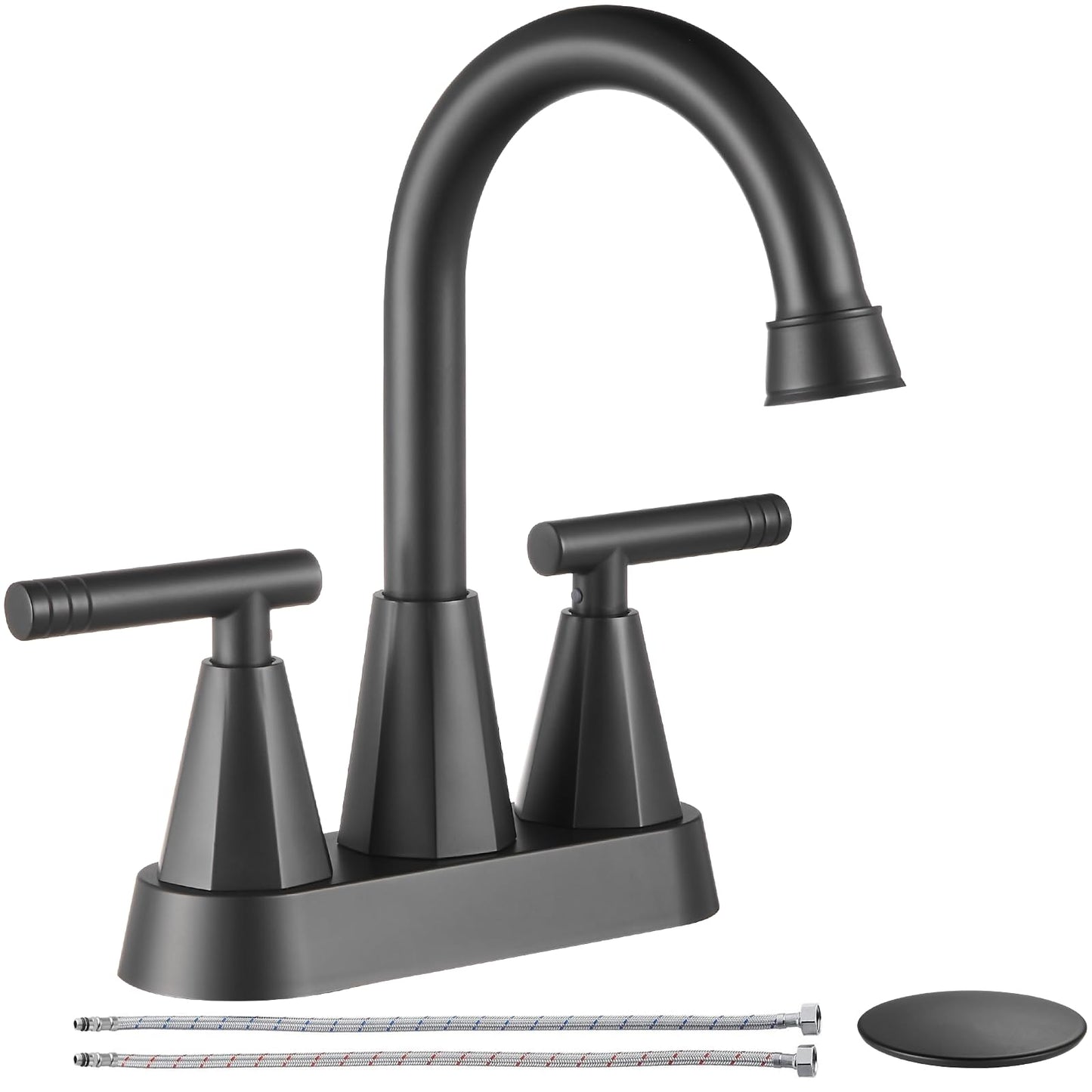 Cobbe Bathroom Faucets 3 Hole, 4 Inch Bathroom Sink Faucet with Pop Up Drain and 2 Supply Hoses, 2 Handle Centerset Bathroom Faucet, Matte Black
