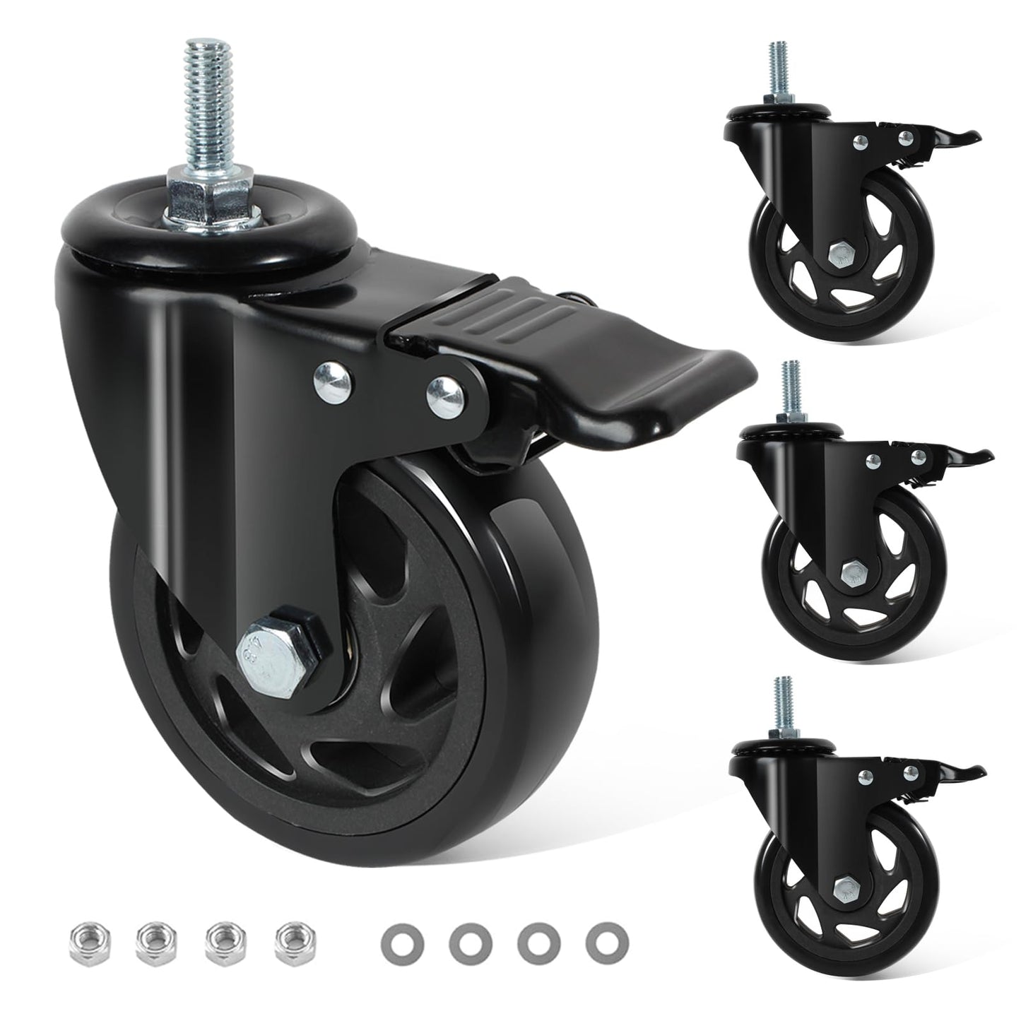 BZOLIHEU Caster Wheels 4 Inch, Swivel Threaded Stem Casters Set of 4 Heavy Duty 2000lbs, 3/8" -16 x 1 (Stem Diameter 3/8", Stem Length 1") Locking Casters Wheels Black