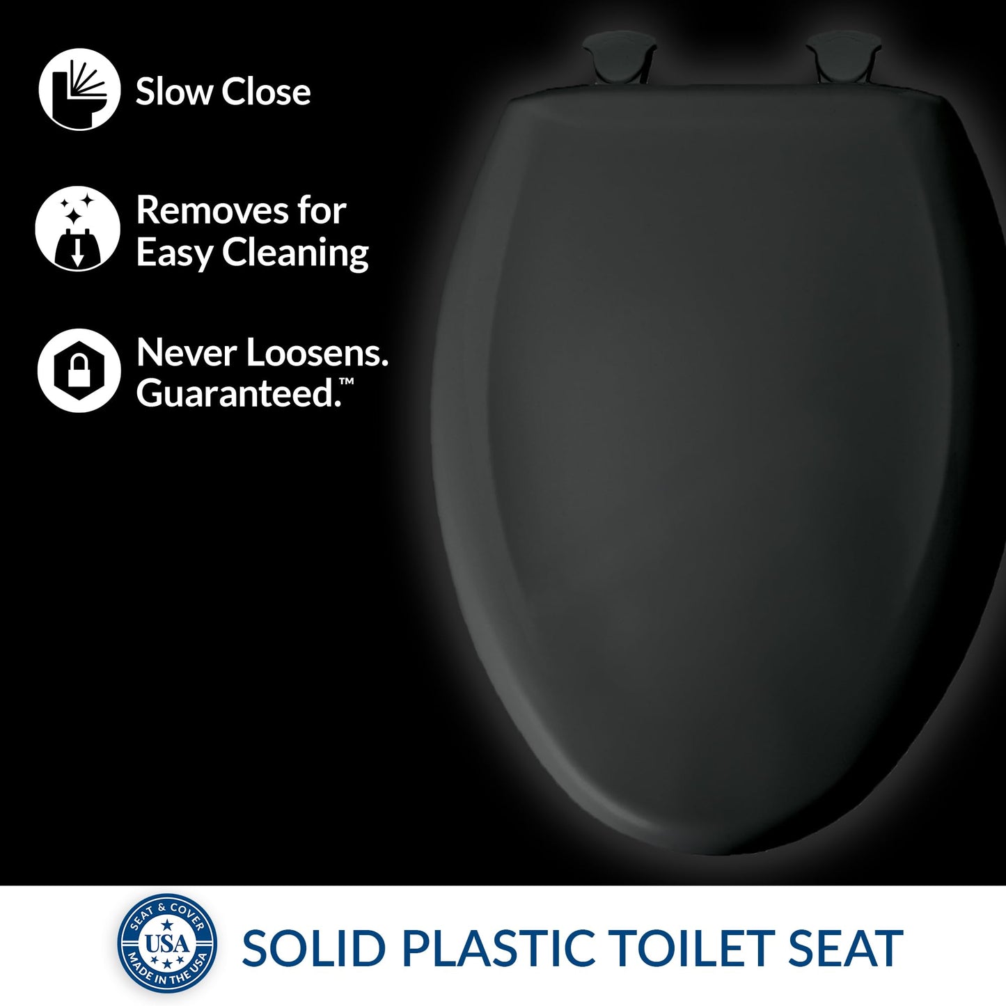 Bemis 1200SLOWT 047 Slow Close Sta-Tite Elongated Closed Front Toilet Seat, Black